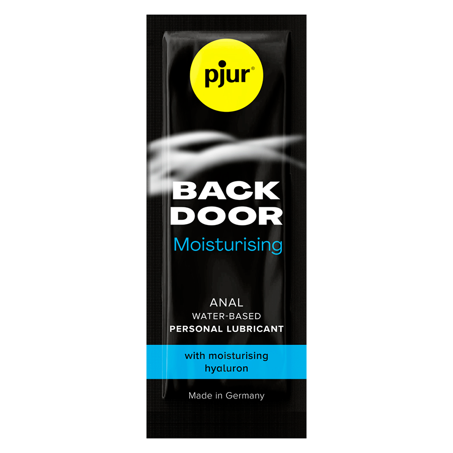 Embalagem do PJUR Lubrificante Anal Hidratante Back Door 2 ML, destacando a marca e a fórmula de conforto.