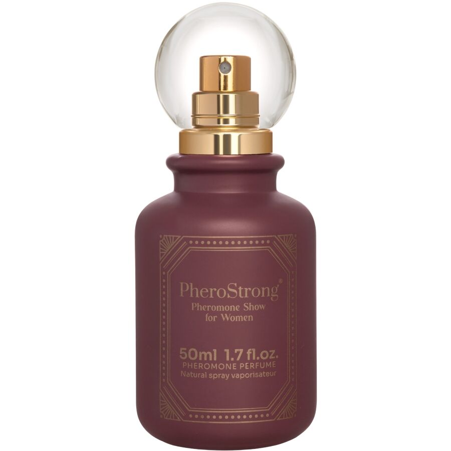 Frasco de PHEROSTRONG Perfume de Feromonas Show para Mulheres 50 ML, destacando o design e a cor do líquido.