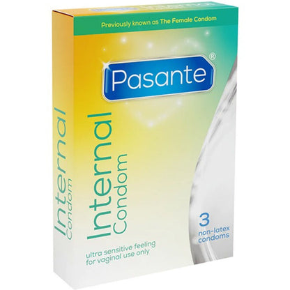 Embalagem do Preservativo Interno Pasante Sem Látex 3 Unidades, destacando as informações do produto.