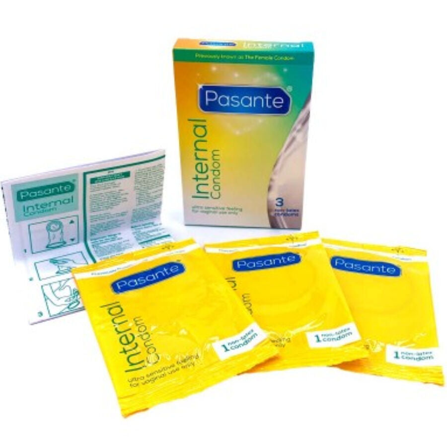 Embalagem do Preservativo Interno Pasante Sem Látex 3 Unidades, destacando as informações do produto.