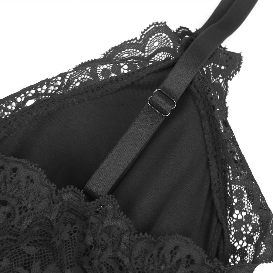 Teddy Lingerie SUBBLIME Preto Floral com Renda S/M, exibindo detalhes da renda e tecido.