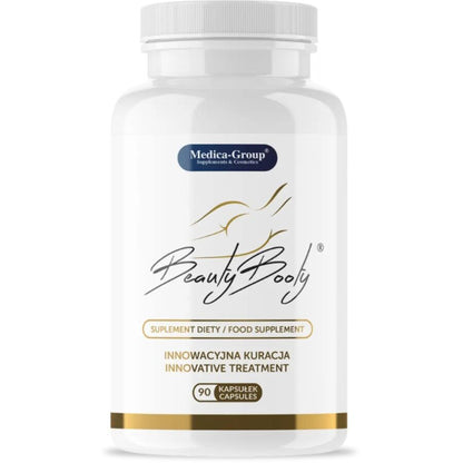 Embalagem de MEDICA GROUP Beauty Booty Firming 90 Cápsulas para glúteos, com destaque para o design do produto.