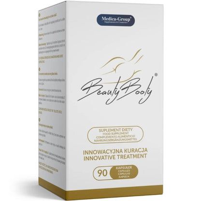Embalagem de MEDICA GROUP Beauty Booty Firming 90 Cápsulas para glúteos, com destaque para o design do produto.