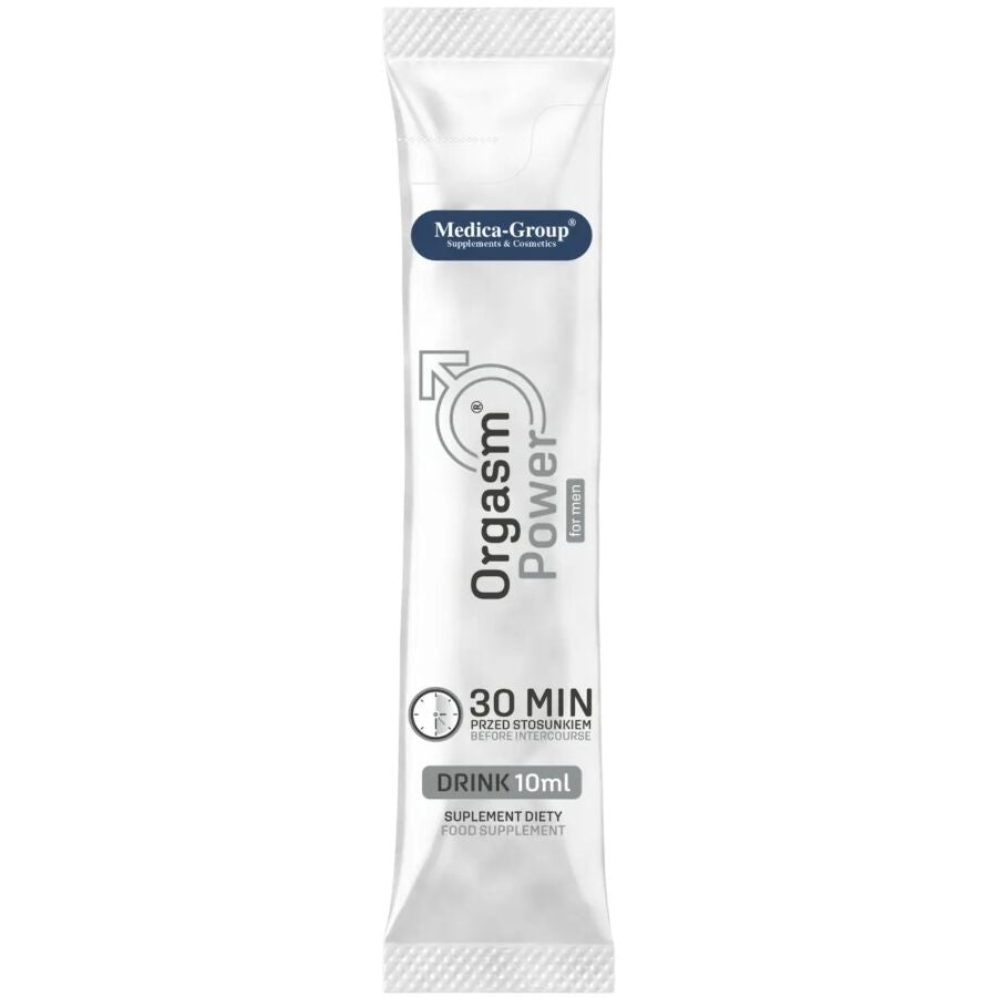 Garrafa de 10ml de MEDICA GROUP Orgasm Power For Men, suplemento para vitalidade masculina.