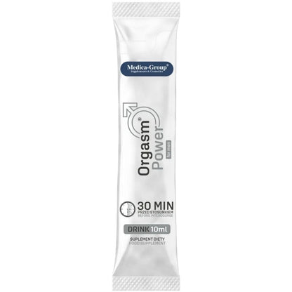 Garrafa de 10ml de MEDICA GROUP Orgasm Power For Men, suplemento para vitalidade masculina.