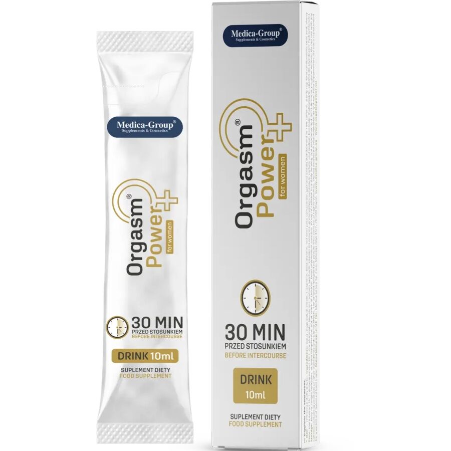 Frasco da MEDICA GROUP Bebida Estimulante Orgasmo Feminino 10ml, destacando a embalagem e detalhes do produto.