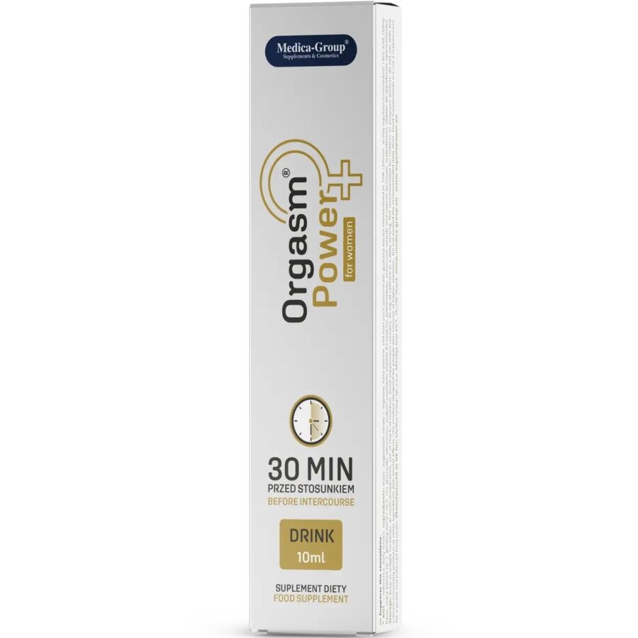 Frasco da MEDICA GROUP Bebida Estimulante Orgasmo Feminino 10ml, destacando a embalagem e detalhes do produto.