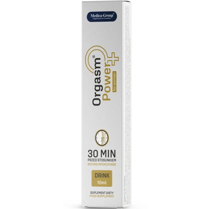 Frasco da MEDICA GROUP Bebida Estimulante Orgasmo Feminino 10ml, destacando a embalagem e detalhes do produto.