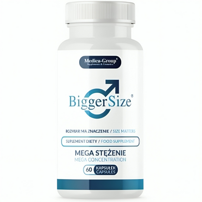 Embalagem de MEDICA GROUP Cápsulas BiggerSize para aumento peniano e bem-estar masculino.