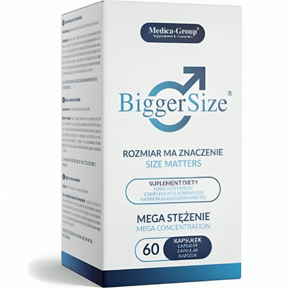 Embalagem de MEDICA GROUP Cápsulas BiggerSize para aumento peniano e bem-estar masculino.