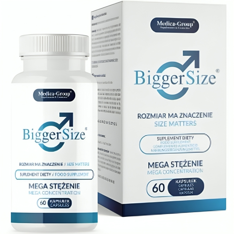 Embalagem de MEDICA GROUP Cápsulas BiggerSize para aumento peniano e bem-estar masculino.