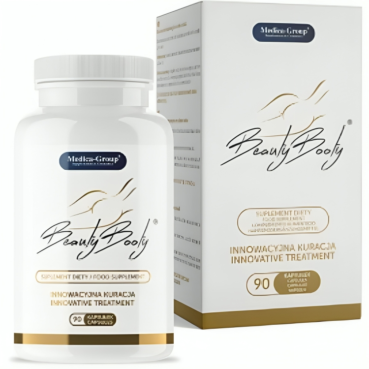 Embalagem de MEDICA GROUP Beauty Booty Firming 90 Cápsulas para glúteos, com destaque para o design do produto.