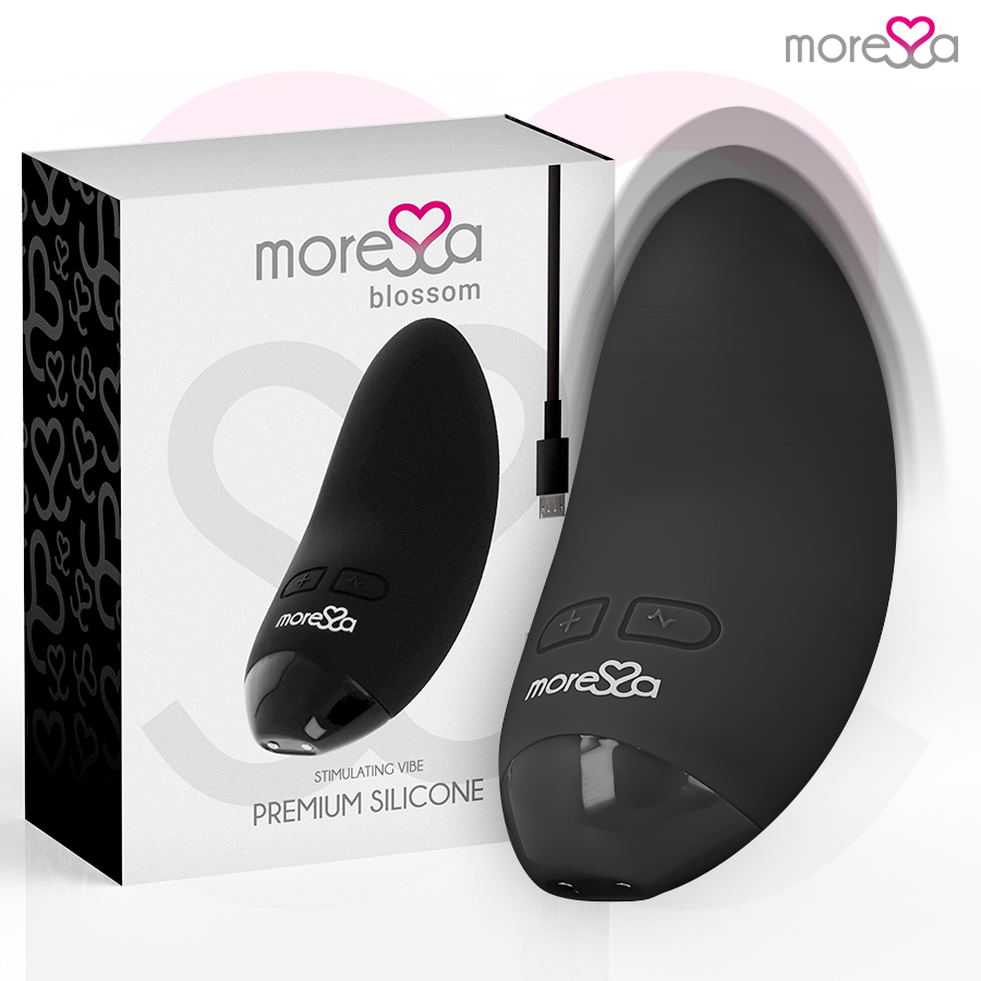 Vibrador MORESSA Blossom preto, mini massageador de silicone recarregável com múltiplas vibrações.