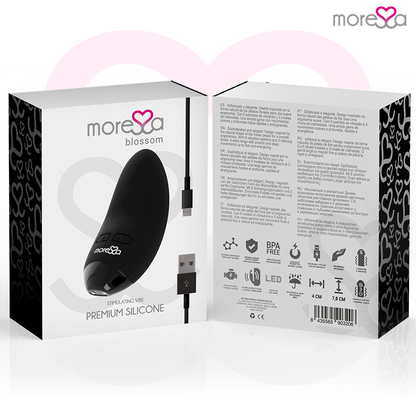 Vibrador MORESSA Blossom preto, mini massageador de silicone recarregável com múltiplas vibrações.