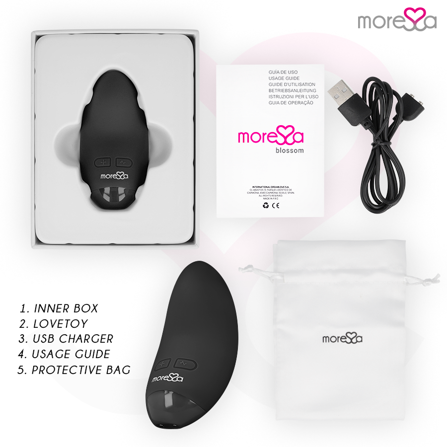 Vibrador MORESSA Blossom preto, mini massageador de silicone recarregável com múltiplas vibrações.
