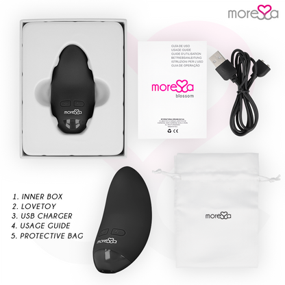 Vibrador MORESSA Blossom preto, mini massageador de silicone recarregável com múltiplas vibrações.