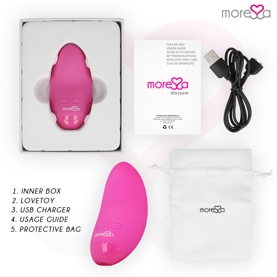 Close-up do Vibrador Mini MORESSA Blossom Rosa, destacando seu design ergonômico e textura de silicone.