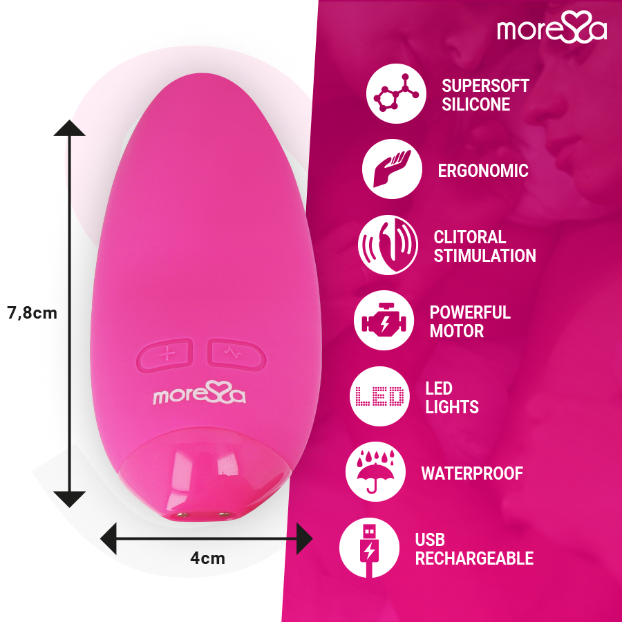 Close-up do Vibrador Mini MORESSA Blossom Rosa, destacando seu design ergonômico e textura de silicone.