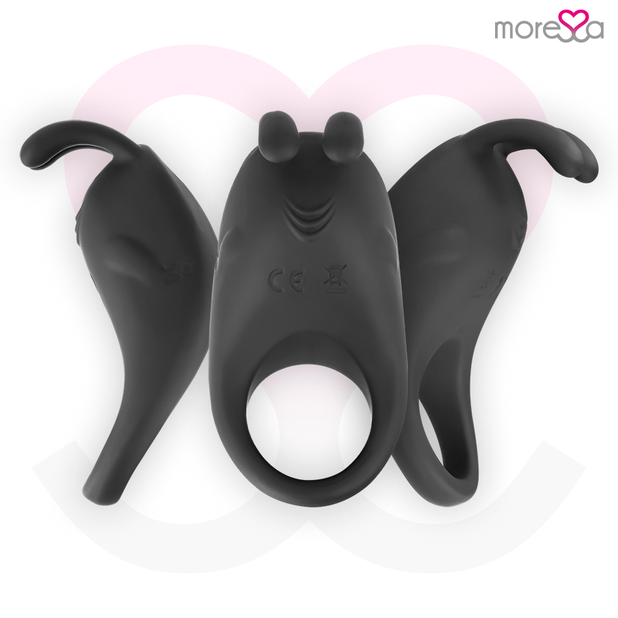 Close-up do anel vibratório MORESSA Brad de silicone premium recarregável preto.