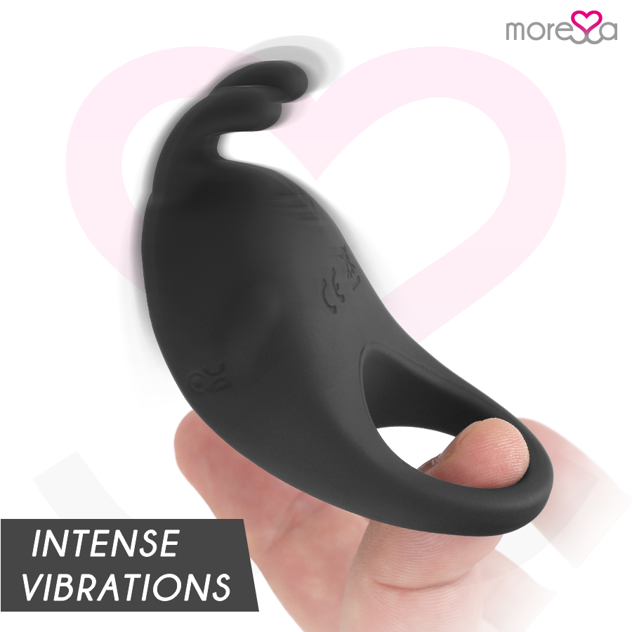 Close-up do anel vibratório MORESSA Brad de silicone premium recarregável preto.
