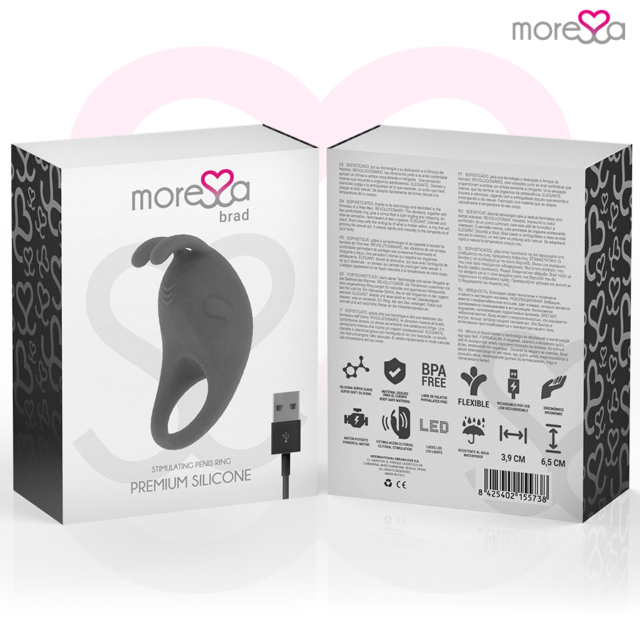 Close-up do anel vibratório MORESSA Brad de silicone premium recarregável preto.