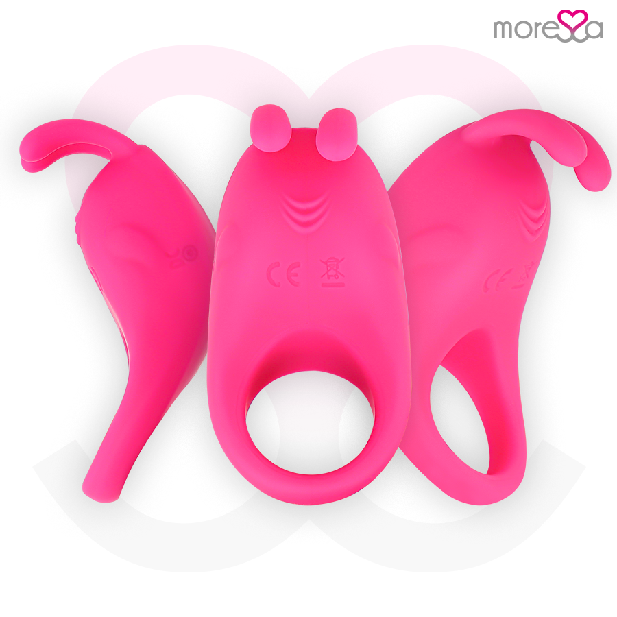 Close-up of the MORESSA Brad Premium Silicone Rechargeable Vibrating Penis Ring in Rosa, showing its flexible design and clitoral stimulator.