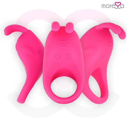 Close-up of the MORESSA Brad Premium Silicone Rechargeable Vibrating Penis Ring in Rosa, showing its flexible design and clitoral stimulator.