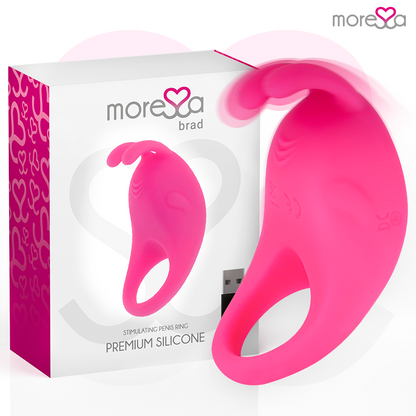 Close-up of the MORESSA Brad Premium Silicone Rechargeable Vibrating Penis Ring in Rosa, showing its flexible design and clitoral stimulator.