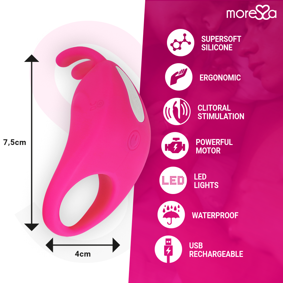 Close-up of the MORESSA Brad Premium Silicone Rechargeable Vibrating Penis Ring in Rosa, showing its flexible design and clitoral stimulator.