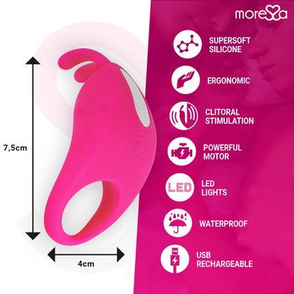 Close-up of the MORESSA Brad Premium Silicone Rechargeable Vibrating Penis Ring in Rosa, showing its flexible design and clitoral stimulator.