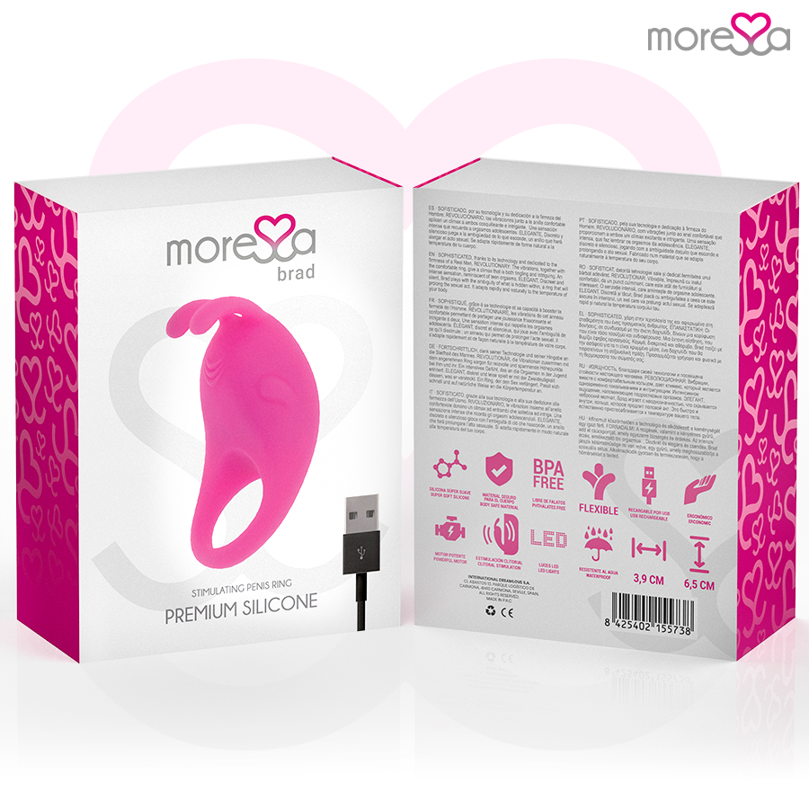 Close-up of the MORESSA Brad Premium Silicone Rechargeable Vibrating Penis Ring in Rosa, showing its flexible design and clitoral stimulator.
