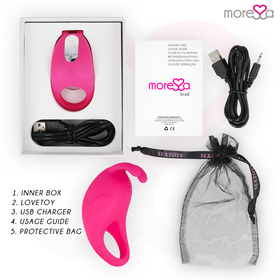Close-up of the MORESSA Brad Premium Silicone Rechargeable Vibrating Penis Ring in Rosa, showing its flexible design and clitoral stimulator.