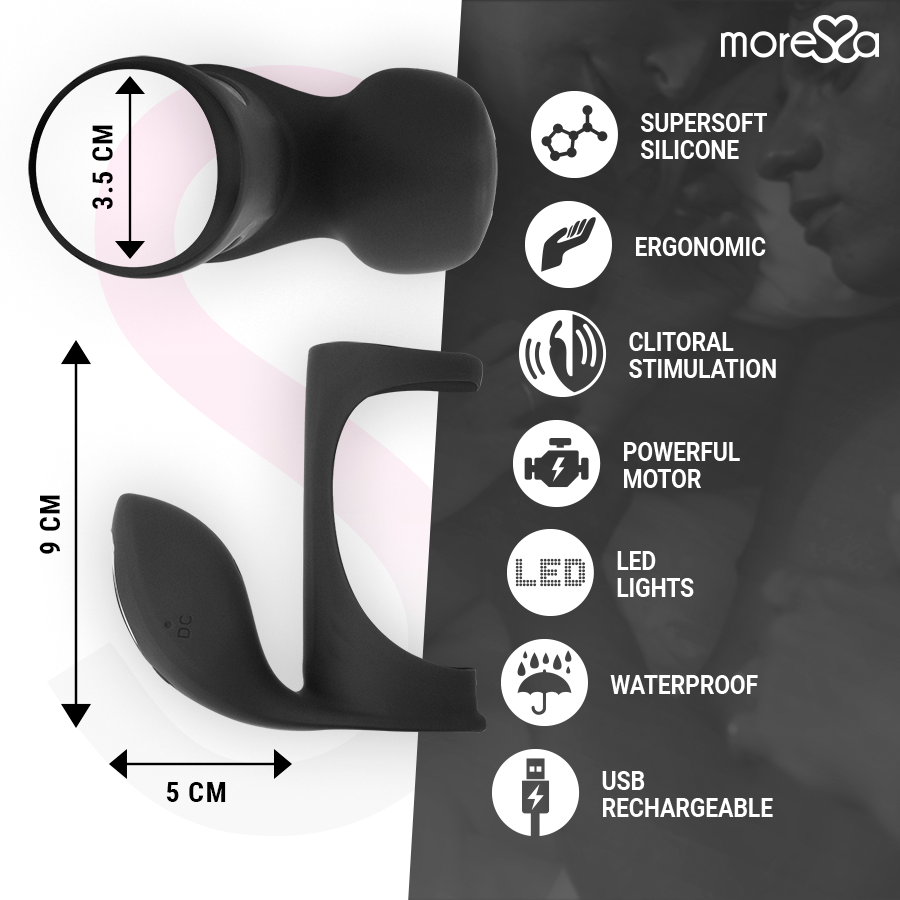 Close-up do Anel Vibrador MORESSA Brandon com Estimulador Clitoriano, destacando o design ergonômico e o silicone premium.