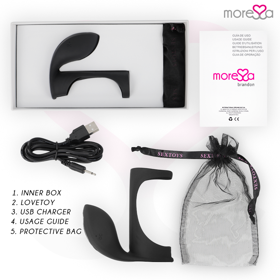 Close-up do Anel Vibrador MORESSA Brandon com Estimulador Clitoriano, destacando o design ergonômico e o silicone premium.