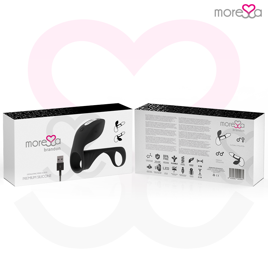 Close-up do Anel Vibrador MORESSA Brandon com Estimulador Clitoriano, destacando o design ergonômico e o silicone premium.