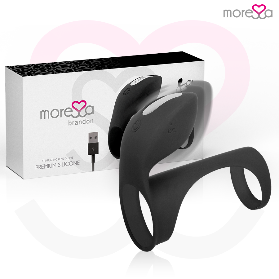 Close-up do Anel Vibrador MORESSA Brandon com Estimulador Clitoriano, destacando o design ergonômico e o silicone premium.