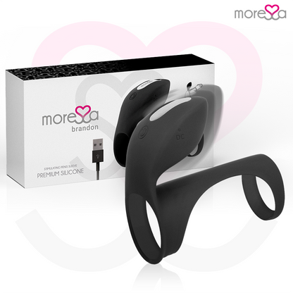 Close-up do Anel Vibrador MORESSA Brandon com Estimulador Clitoriano, destacando o design ergonômico e o silicone premium.