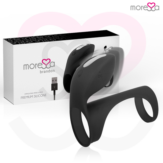 Close-up do Anel Vibrador MORESSA Brandon com Estimulador Clitoriano, destacando o design ergonômico e o silicone premium.