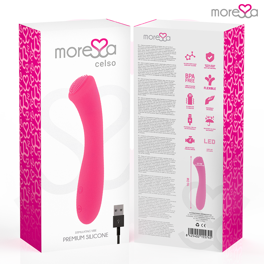 Vibrador MORESSA Celso Premium de silicone recarregável com design ergonómico e ponta estimulante