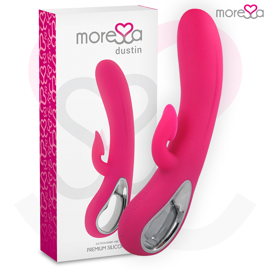 Vibrador MORESSA Dustin de silicone premium com sucção clitoriana e vibração dupla, design ergonómico e recarregável.