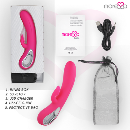 Vibrador MORESSA Dustin de silicone premium com sucção clitoriana e vibração dupla, design ergonómico e recarregável.