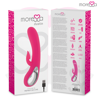 Vibrador MORESSA Dustin de silicone premium com sucção clitoriana e vibração dupla, design ergonómico e recarregável.