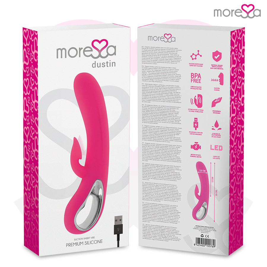 Vibrador MORESSA Dustin de silicone premium com sucção clitoriana e vibração dupla, design ergonómico e recarregável.