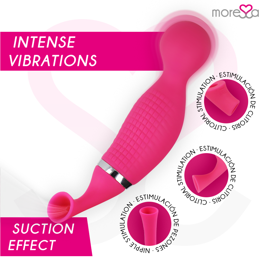 Close-up do vibrador MORESSA Kirk Duo Sucção e Massagem com detalhes em silicone e controle.