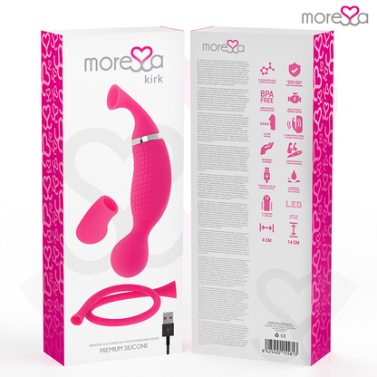 Close-up do vibrador MORESSA Kirk Duo Sucção e Massagem com detalhes em silicone e controle.