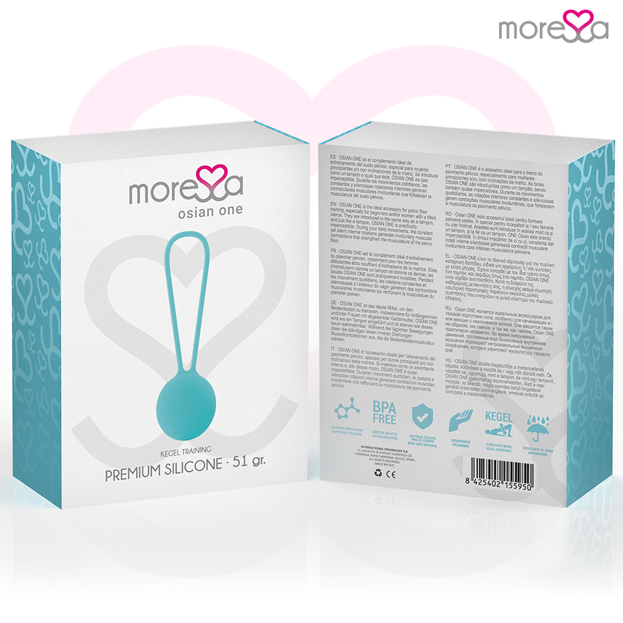 Bolas Vaginais MORESSA OSIAN ONE de silicone premium na cor turquesa, para treino do assoalho pélvico e bem-estar íntimo.