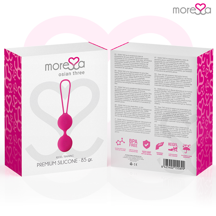 Close-up das Bolas Vaginais MORESSA Osian Três em Silicone Premium Rosa, mostrando design elegante e toque suave.