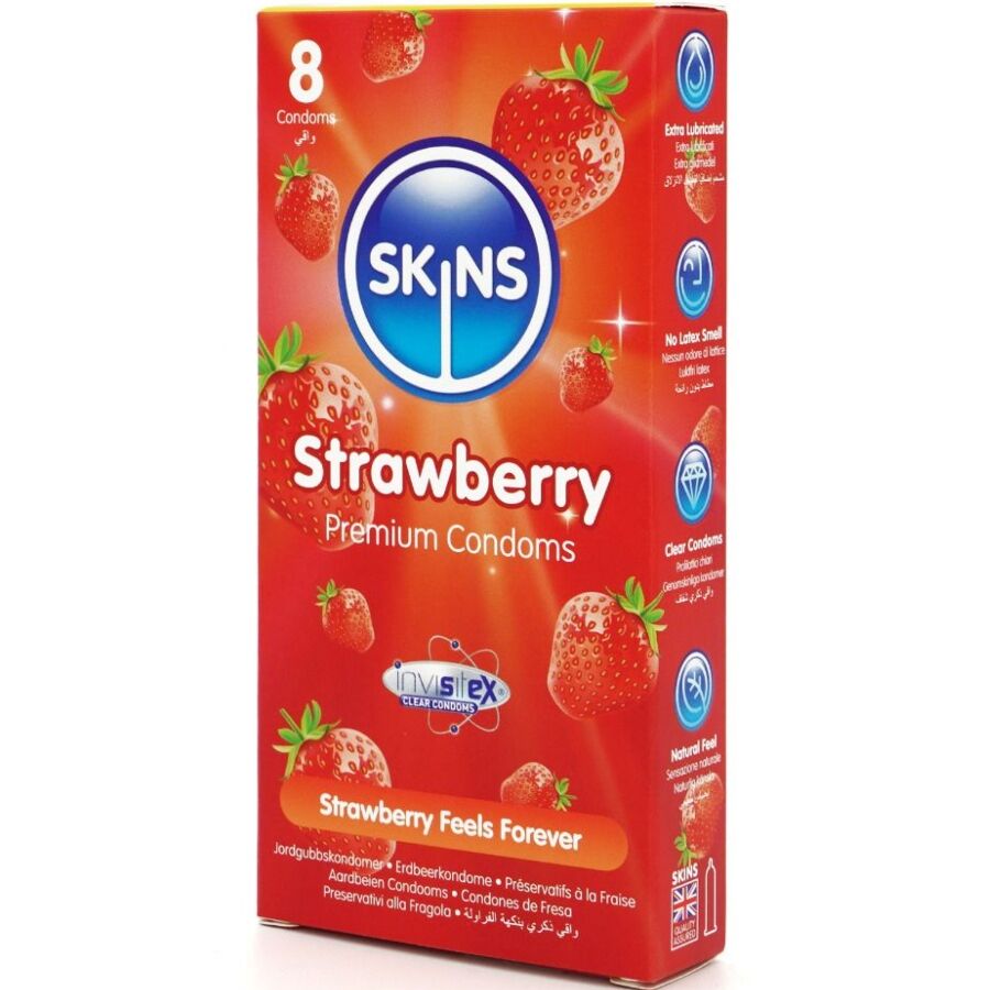 PRESERVATIVOS PREMIUM DE FRESA - PAQUETE DE 8