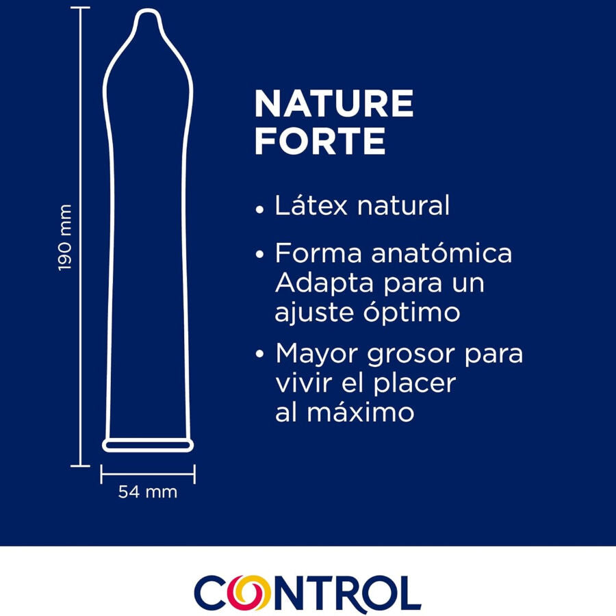 Pack de Preservativos CONTROL Nature Forte com espermicida, mostrando a embalagem de 144 unidades e detalhes do produto.
