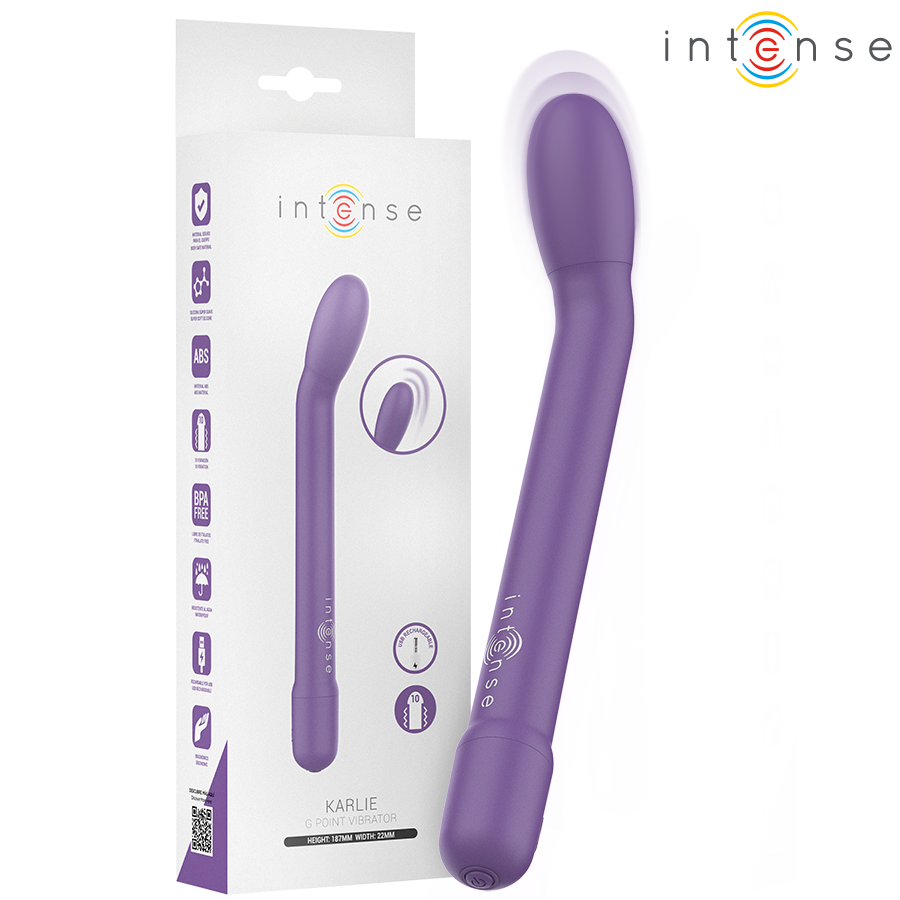 Close-up do INTENSE FUN Estimulador de Ponto G Recarregável Karlie Roxo, mostrando seu design ergonómico e cor vibrante.